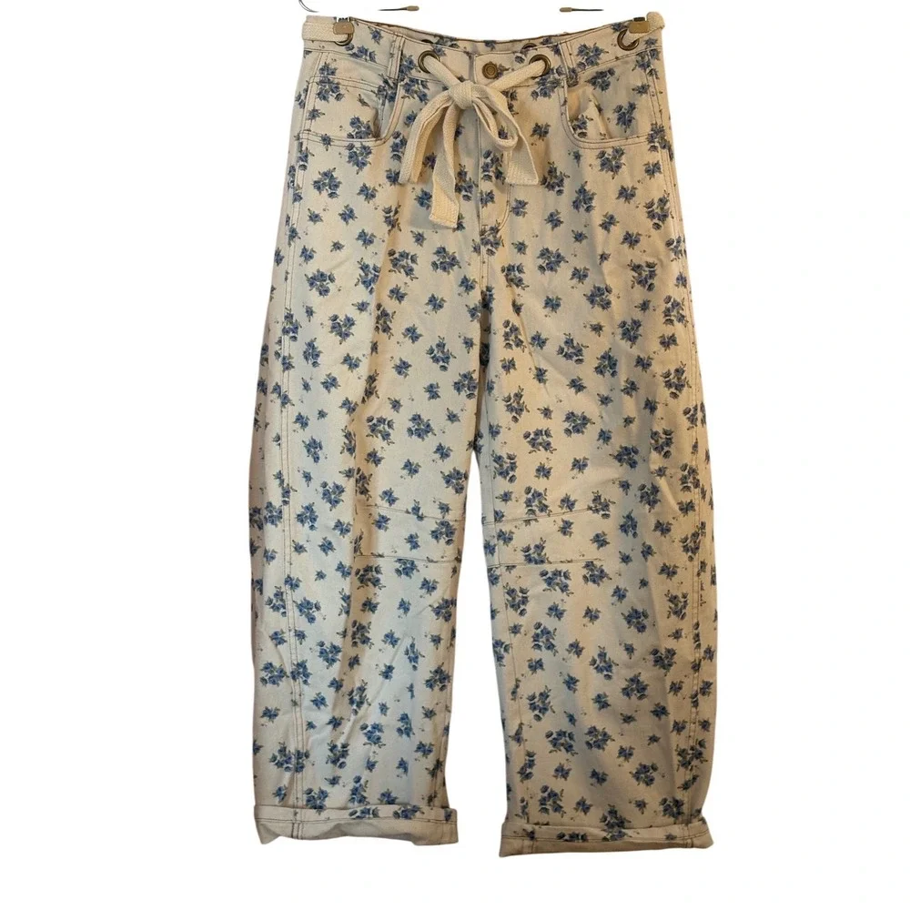 Peach Love California Floral Denim Pants Blue‎ Rose Drawstring Wide Leg Jeans M